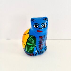 Mexican Talavera Style Folk Art Cat Figurine Hand Painted Clay Pottery Decor